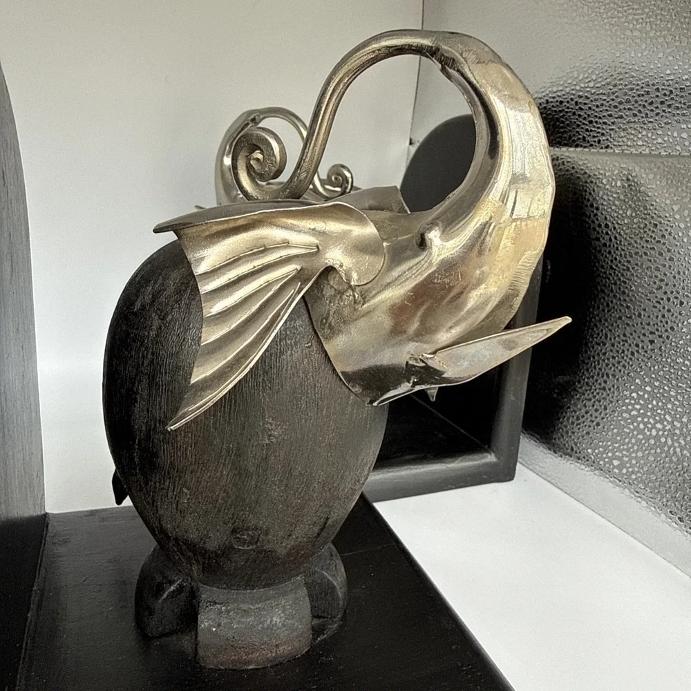 Black Bauhaus Beast Bookends‎ Art Deco Black Wood and Chrome Elephants